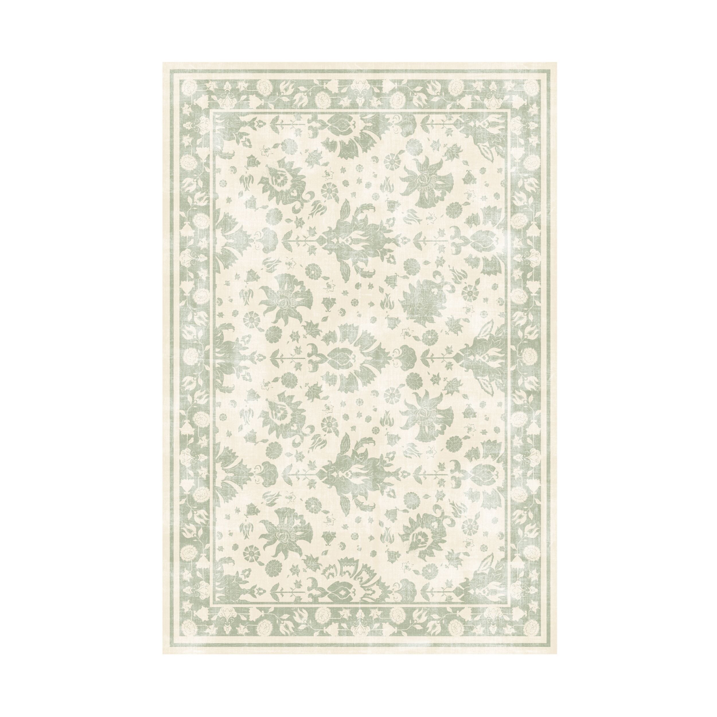 The Manisa Washable Rug 240x300cm features a rectangular Persian-inspired design with a faded floral and geometric pattern in beige, cream, and blue-green. Made from durable, machine-washable polyester for easy care.